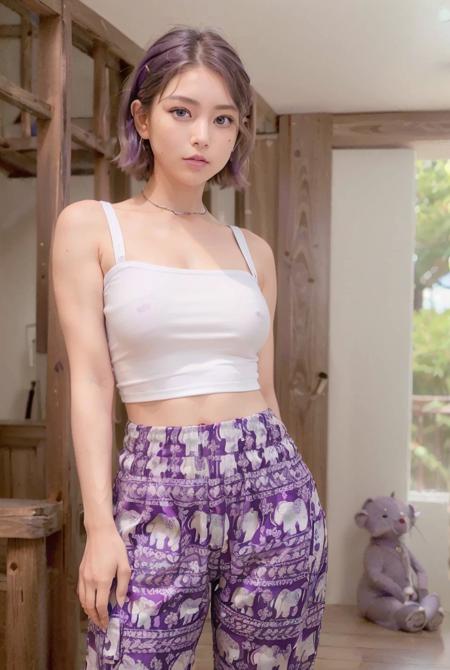 (best quality:1.4), (ultra highres:1.2), (photorealistic:1.4), (8k, RAW photo:1.2), (1girl), (model pose),(face to waist:1.6), ( short hair:1.5), wearing (plain white shirt:1.3) and  (purple KangKengChang pants with white pattern :1.3), (in the room:1.2), <lora:koreanDollLikeness_v10:0.3>, <lora:KangKengChangV3:0.7>