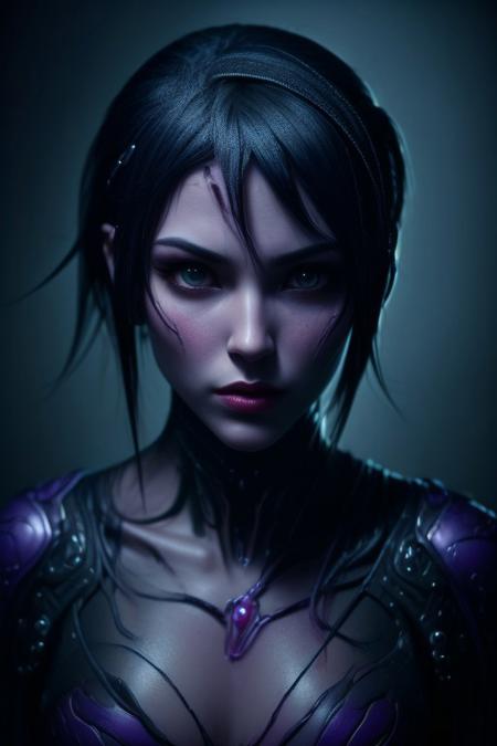 A stunning 4K hyper-realistic image of a mysterious figure, photorealistic face,  bold, manga-style makeup, intricate, velvet-textured patterns, deep purples and golden yellows, fragmented, avant-garde outfit blending abstract, thorn-like shapes and liquid-like silks, jewel tones gradient, background dreamy, gradient mist of smoky reds and soft pinks, warping gently, ethereal mood, shadowy alternate reality, with the image infused with a soft, crystalline sheen. world of mystery and surreal wonder.absurdres, intricate details, masterpiece, cybernetic eyes, set in a sterile lab environment, sharp focus, soft colors, soft light, film grain, masterpiece, absurdres, 8k, HDR, raytracing, dynamic angle, highly detailed, high resolution textures, ultra high resolution, sharp and clear visual execution, futuristic, sci-fi fantasy, cyberpunk vibes, mobe-cybideen, DonMX3n0, perfection style