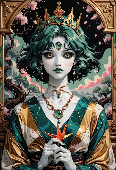 1girl, photograph, digital art, anime style, close-up, portrait, female, woman, porcelain white skin, flowing jade-green hair shaped like liquid silk, cascading into the edges of the frame, third eye open with gold ink dripping from it, elaborate crown of carved ivory branches with tiny gold masks hanging from them, deep green lipstick with flecks of gold, serpentine gold necklace wrapping up her neck, holding a folded paper crane soaked in ink, wearing a moss-colored silk kimono embroidered with falling crows, ink bleeding from the hem into her hand, face partially in shadow, distant gaze, black sclera with glowing gold pupils, dramatic sumi-e styled background with abstract cherry blossoms and ink wash clouds, textured parchment overlay, spiritual depth, haunting elegance, Japanese folklore reimagined, divine melancholy, expressive brushstroke lighting, surreal forest symbolism, minimalist color burst, emotional precision, mixed traditional and digital medium simulation, high-end visual storytelling, cultural fantasy with poetic tension
pinkretroanime, retro art