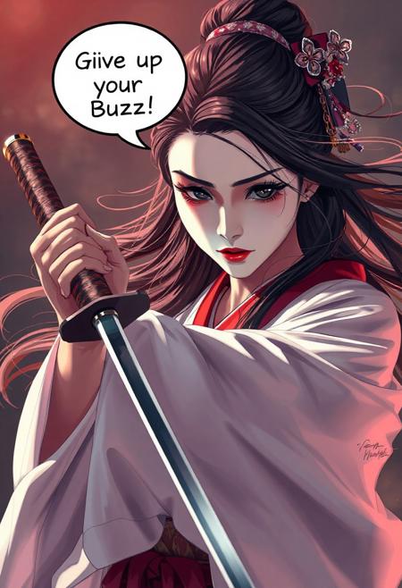 ultra realistic, Epic, cinematic lighting, semi realistic anime style, A portrait of the viewer being held at sword point by a female geisha. The geisha is looking down skilfully holding her katana towards the viewers neck, her face confident and determined, she handles it with grace, her long hair and large sleeves blowing in the strong winds. A speech bubble is depicted conveying the samurai's thoughts  "Give up your Buzz" she demands. The geisha is wearing white makeup with red lipstick, her hair is loose, she is wearing a white kimono with a red obi wrapped around her waist.