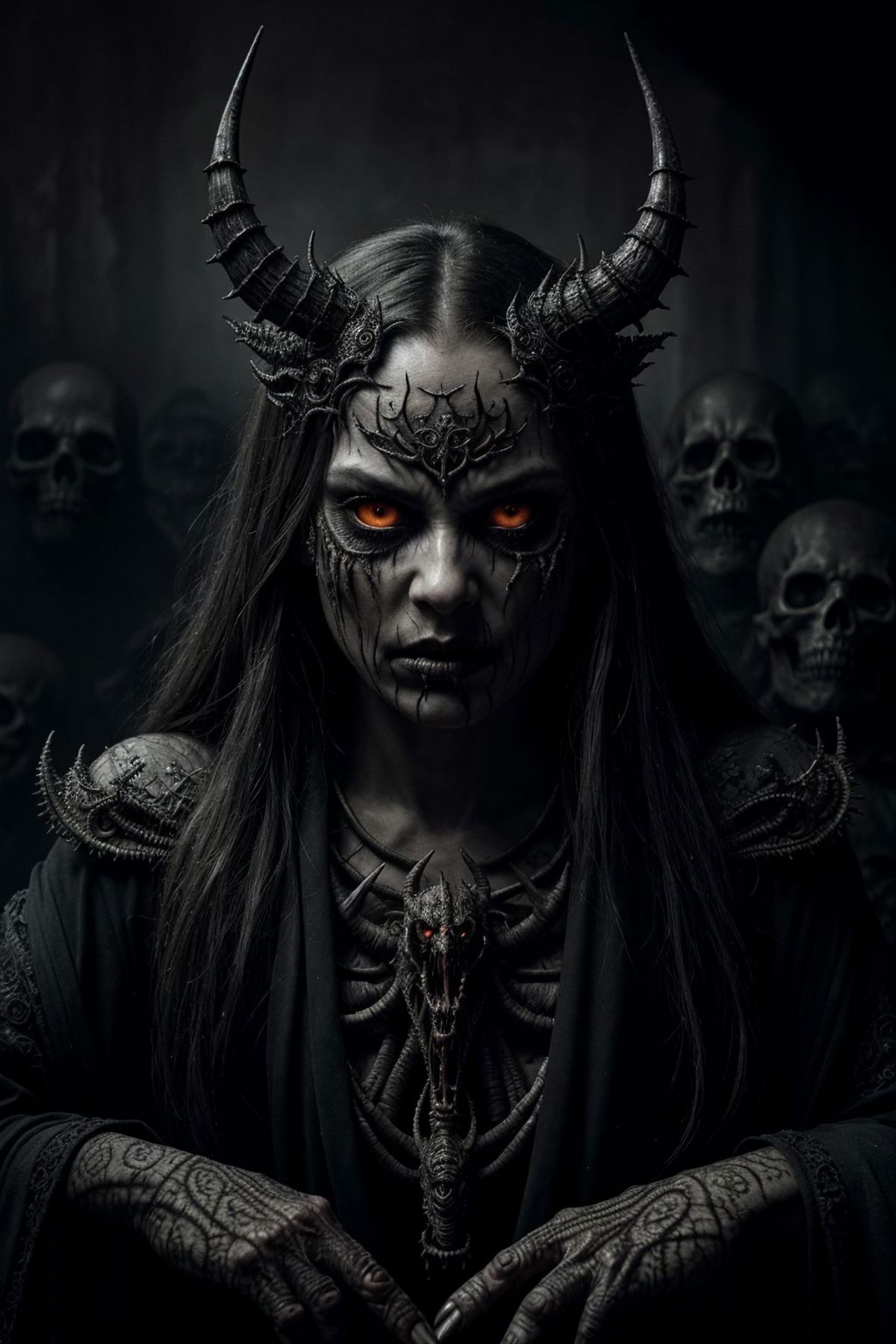 Woman with horns and red eyes in a dark setting with skeleton heads in the background.