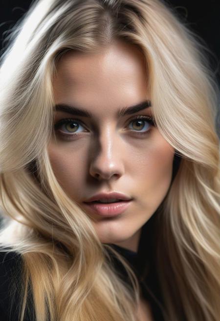 RAW photo, an eye contact of a blond with long hair and dark theme, 4k