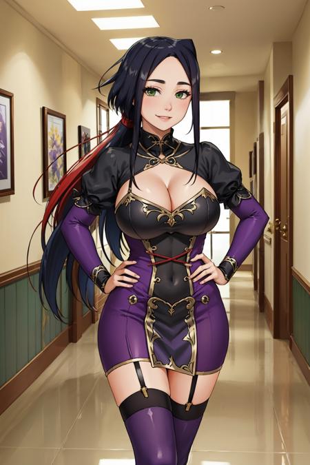 moeLily, low ponytail black and purple dress, cleavage cutout, pelvic curtain, arm guards, purple thighhighs