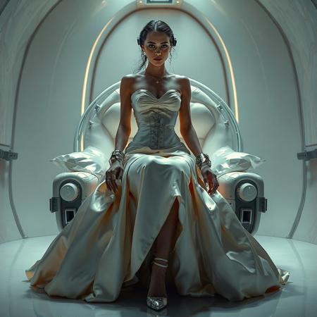 A slender, arrogant bride, dressed in a luxurious, rich fantasy satin wedding gown with a fitted, boned corset and a full, flared skirt, paired with satin high heels, orgasm face encased in beam of light from celling. The brainwashing headband,  connected to a  futuristic superconputer rack. Her hands and ankles are bound to a biomechanical white chair, adorned with wet-look glossy pearl pillows, by massive steel restraints, accentuating her ultra-thin waist. she is drugged from standing drop counter with weird medicine. The scene is set in a sterile, empty chamber, with a glossy mother-of-pearl finish, evoking a sense of futuristic dread. Inspired by the cinematic styles of Ridley Scott, Guillermo del Toro, and H.R. Giger, with a blend of sci-fi and horror elements, this full-body portrait is a masterpiece of cinematic storytelling, shot on a virtual v-raptor XL camera, with a warm, film-grained aesthetic, subtle vignette, and rich color grading, reminiscent of 35mm film, with dramatic, atmospheric lighting, inviting the viewer to immerse themselves in this epic, stunning scene.