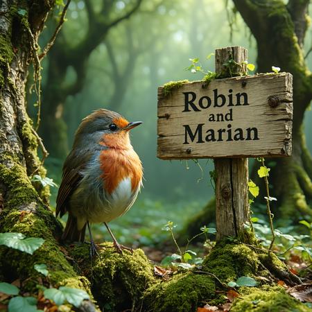 Impossibly fluffy, comically rotund robin, vibrant crimson breast, head cocked inquisitively. Extreme low-angle, focused gaze upon an ancient, moss-laden wooden sign etched 'Robin and Marian'. Sun-dappled enchanted glade, gnarled oaks casting long shadows. Arthur Rackham's whimsical detail, Remedios Varo's intricate surrealism. Rich, earthy palette. Textures: palpable ultra-soft down, weathered splintered wood, velvety moss. Atmosphere: fated wonder, arcane shimmer on letters, dust motes dancing in golden sunbeams.