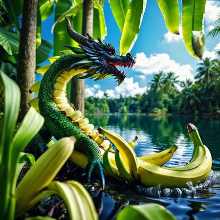 8k, score_9, score_8_up, score_7_up,
masterpiece,realistic,ultra detailed, vibrant colors,photo-realistic,
World made of bananas and banana peels, yellow dragon made of banana peels, dragon taking a bath, detailed scales made of bananas, (focus on dragon:1.5), lake, forest, banana field, sunlight, blue sky, bright atmosphere,
blood orange style