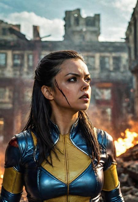 High resolution ultra-realistic of Beautiful Laura Kinney/X-23, cinematic lighting, MCU style, ultra realistic, 8K, fighting stance, X-Men style, standing among the ruins of buildings, Greg Rutkowski, Intricately Designed bloody dirty face, wavy black hair, Realistic beautiful brown eyes, gazing straight ahead, Atrractive 21 years old Dafne Keen as X-23 woman, realistic modern combat X-Men costume, dirty, bloody, beautiful firm Breasts, defiant and seductive, X-Men style, Marvel style, MCU sci-fi style, Superheroine, Standing in the middle of a dark dirty street on the City, sharp focus, digital painting, Photograph Taken on Nikon D750, Alphonse Mucha, 8K, athletic figure, Hyperdetailed, hyperrealism, aesthetics reminiscent of X-Men, Attractive, Attractive bust girl, asymmetric balance