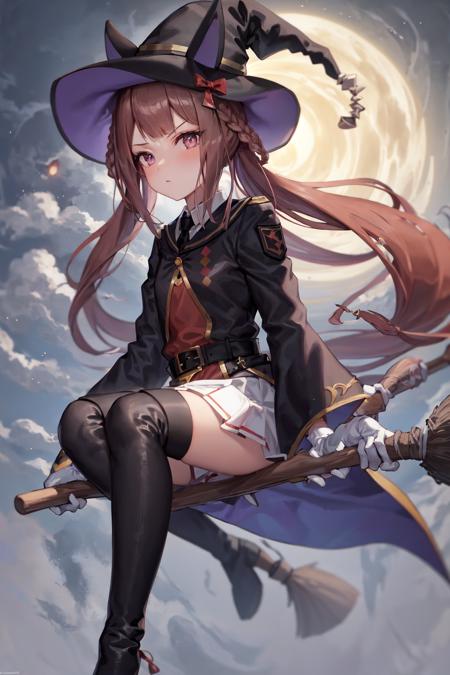 masterpiece, best quality,
sweep tosho \(umamusume\),
(broom, broom riding:1.2), full moon, cloud,
witch hat, black headwear, black necktie, collared shirt, red shirt, white gloves, wide sleeves, black jacket, black robe, buckle, belt, white skirt, pleated skirt, black thighhighs, thigh boots, high heel boots,    
<lora:sweep_tosho_locon_1.0:0.8>