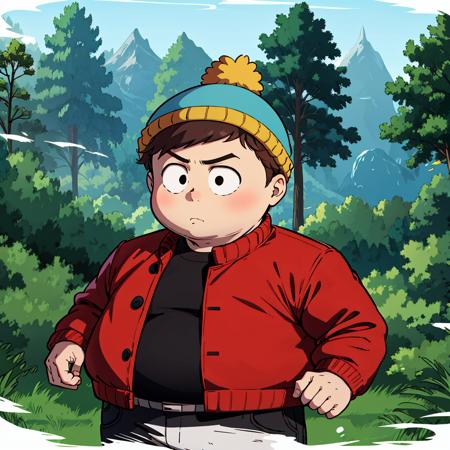 1boy, solo,   Eric Cartman,  short hair,  brown hair, 1boy, hat,  black eyes, red jacket, closed jacket, blue beanie, fat, child,