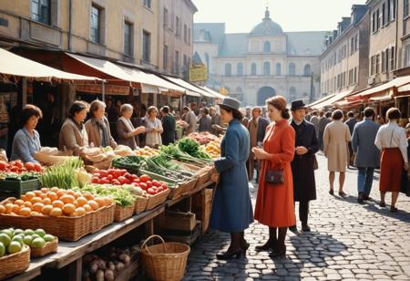 communism,  analog photo, outdoor market scene, vendors in vintage clothing, fresh produce stands, cobblestone streets, lively community interaction, warm sunlight, 1970s charm