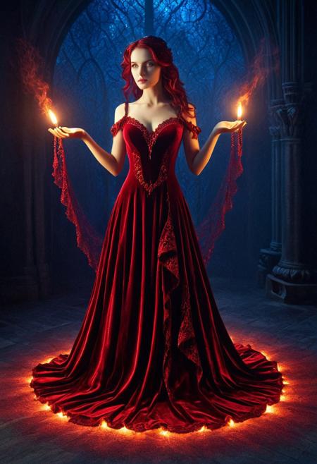 Gothic Enchantment , dark velvet gown, intricate lace details, glowing gothic swirling flames, soft candlelight, mysterious shadowy background, deep crimson and sapphire tones, eerie yet elegant ambiance, Integrate the luminous qualities of luminism with the expressive figuration of figurativism. Craft an artwork that combines the radiant light effects and atmospheric glow characteristic of luminism with the detailed representation of figures typical of figurativism. Focus on capturing the interplay of light and shadow on the figures, infusing the composition with a sense of ethereal beauty and emotional depth. Explore the harmony between the luminous landscapes and the human form, creating a captivating and harmonious blend of luminism and figurativism that evokes a sense of tranquility and introspection in the viewer.