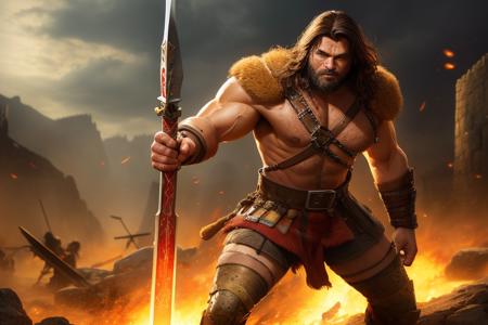 a man in a barbarian outfit standing in a battlefield, detailed face, medieval, fantasy