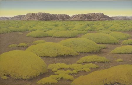 style of Roger Dean, clump ,yard ,field ,coppice , Salt Flat ,