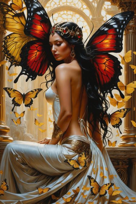 Renaissance style kochou shinobu [5],a fine art painting,gothic art,yellow butterfly,<lora:Anne Stokes CLIP2:1>,Anne Stokes fantasy art,woman,female,wings,beautiful,detailed,black,dark,red,white,sexy,<lora:Alfred Manessier CLIP:1>,Alfred Manessier,dynamic folds,flowing forms,volumetric lighting,., 8k uhd, high quality,  . Realistic, perspective, light and shadow, religious or mythological themes, highly detailed