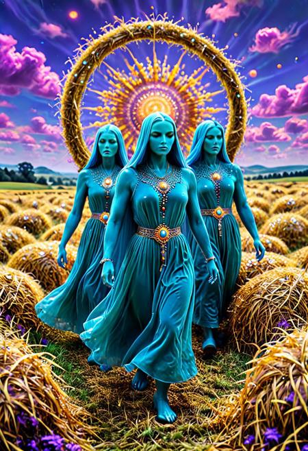Farmers stand in a field of stylized golden hay, but the sky is no longer blue—it churns with primal strokes of green and violet, suggesting thoughts or spirits escaping into the air., visionary art, psychedelic, spiritual themes, cosmic consciousness, human interconnectedness, bold colors, surreal imagery, life and death, environmental awareness, social commentary, divine unity, vibrant landscapes, spiritual erotica, intricate details