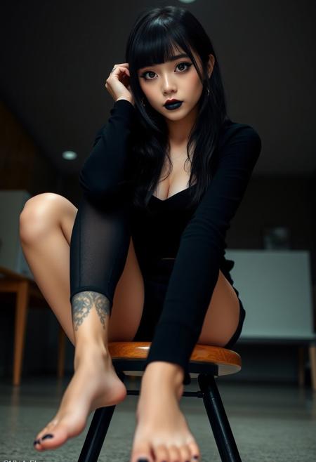Photorealistic, cute busty college girl, black hair with bangs, sitting on stool, one leg crossed on knee, black eyeliner with black lipstick, no shoes, bare foot, black toenails, bottom pov, focus on face