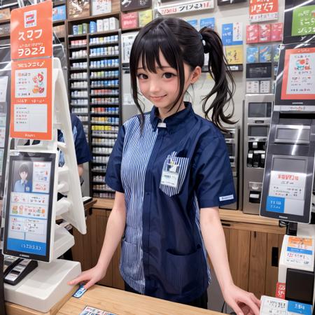 best quality, ultra-detailed, illustration, japanese woman, cute, (shy smile),
konbini, scenery, shop, indoors, LAWSONU, employee uniform, uniform, realistic, plastic bag, black hair, solo, shirt, 1girl, uniform, indoors, bag, striped, employee uniform, striped shirt, ponytail, short sleeves, holding, shop, long hair, vertical-striped shirt, id card, vertical stripes, convenience store, name tag
 <lora:LAWSON_scenery_SDXL_V2:1>