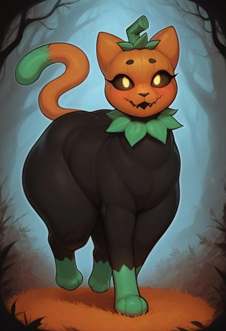 score_9, score_8_up, score_7_up, rating_explicit, voluptuous feral body, detailed background, slight blush, black fur, Cat-O-Lantern, Pumkat, cat, pumpkin head smooth body, feline, wide hips, thick thighs, plump plush body, cute, walking through spooky forest, puffy paws, full feline body, mature, Halloween carpet
