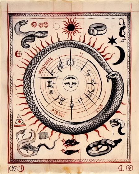 An evocative drawing presents a sun, moon, and snake interwoven in a dance of symbolism, inviting contemplation of celestial and mystical forces:1.4, evocative drawing:1.2, sun, moon, and snake:1.2, interwoven dance:1.1, symbolism:1.1, celestial and mystical forces:1.1. , alchemy:2<lora:Alchemy_sdxl:1.0>