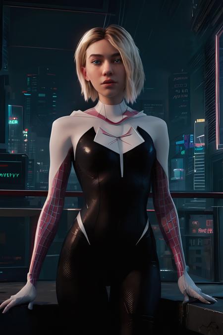 (cyberpunk style), (photo portrait of (GwenStacy:1.3)), (spider-gwen suit, bodysuit, superhero, spider web print, GwenStacy:1.1), (blonde hair, short hair, asymmetrical hair, short blonde hair, blue eyes, 18 y.o. girl), 1woman, 1girl, full body shot, cyberpunk clothing, woman focus, cyberpunk, cyberpunk background, (extremely detailed cyberpunk background), extremely detailed background, extremely detailed GwenStacy face, cyberpunk body modification, cyberpunk 2077 body modification, (neon city background), cyberpunk suit, robot, science fiction, solo, full body, wires and cables, sharp focus, natural lighting, cyberpunk reimagined, neon lights, action pose, colorful, bright colors, science fiction, a dystopian cyberpunk city, neon, cyberpunk 2077, (cyberpunk 2077 cityscape),(masterpiece, top quality, the best quality, beautiful and aesthetic:1.2), detailed background, best quality, expressive eyes, perfect face, perfect eyes, perfect anatomy, extremely detailed eyes and face, looking at viewer, detailed background, detailed clothes, cinematic lighting, beautiful 8k, masterpiece, best quality, high quality, hdr, photography by cosmicwonder, high definition, symmetrical face, volumetric lighting, 24mm, 4k, DSLR, high quality, ultra realistic,