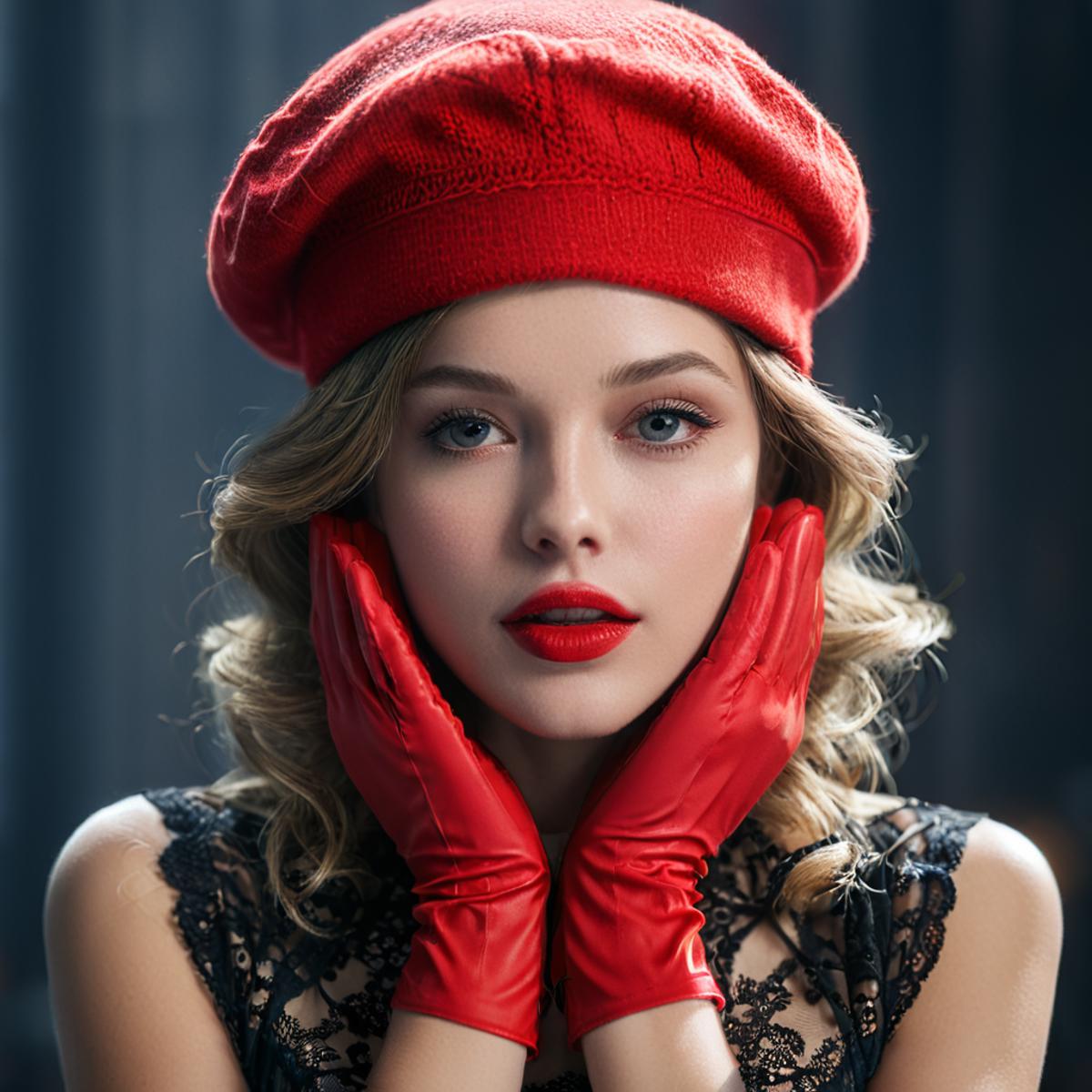 mid shot,lingerie,a woman wearing red gloves and a red hat with her hands on her face and a red hat on her head, Elina Kar...