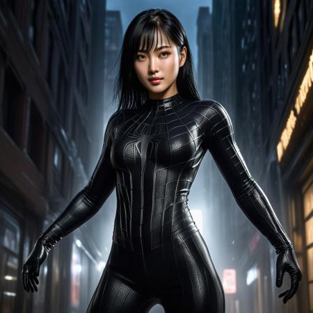 score_9, score_8_up, score_7_up, best quality, realistic, masterpiece, beautiful detail, hyperrealistic, night, ((1girl, woman body, large breast)), amazing detailed full body of a cute korean woman, wearing a realistic and highly detailed black raimi spider-man suit, ((defined muscular girl)), professional model wears ultra - detailed black raimi spider - man suit, ultra - detailed and grained black raimi spiderman suit, suit covered entire body and hand, black spiderman gloves, wet, (light smile, dynamic pose, black hair), close up, octane render, highly detailed, volumetric, dramatic lighting, (highest quality:1.1), (HDR:1.3), (top quality, best quality), realistic, high definition, sharp contrast between light and shadow, athletic and fit physique, highly detailed and accurate portrayal, photorealistic rendering, tense and alert atmosphere cinematic scene, cinematic lighting, intricate detail skin and facial texture, lifelike expression, accurate character design, interesting and complex background details,