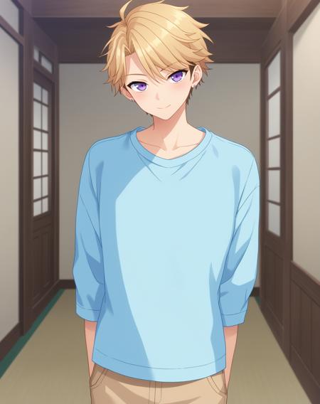 narukami_arashi_pony, blonde hair, purple eyes, short hair,