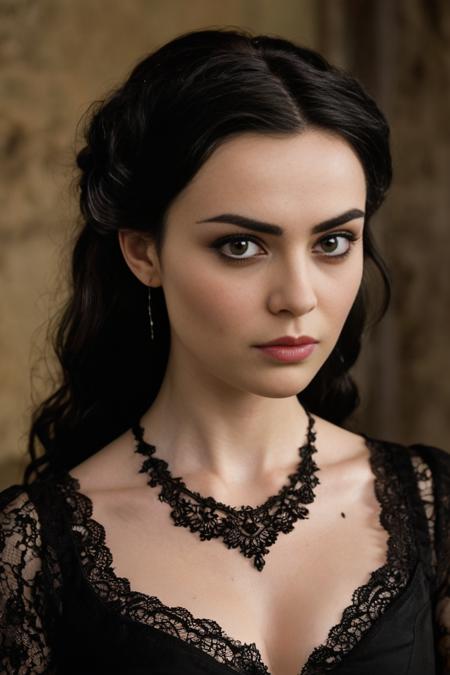 Face and Skin: Morgana has a fair complexion. Her face is characterized by a slightly angular jawline and high cheekbones.
Hair: She sports long, dark brown hair styled in loose waves. Her hair often falls around her shoulders, giving her a dramatic and somewhat mysterious look.
Eyes: Morgana's eyes are a deep, expressive brown, and they often have a slightly intense or thoughtful expression.
Eyebrows: Her eyebrows are well-defined and slightly arched, which accentuates her eye shape and adds to her overall dramatic appearance.
Clothing: Morgana's attire often consists of stylish and somewhat Gothic or Victorian-inspired clothing. She is typically seen wearing a dark-colored dress, which could include elements like lace or intricate patterns. She favors a look that combines elegance with a touch of edginess.
Accessories: She might wear subtle but stylish accessories that complement her outfit, such as a necklace or earrings.
Overall Style: Morgana has a refined, sophisticated style that leans towards the dramatic. Her look reflects a blend of elegance and mystery, fitting her character's background and personality.