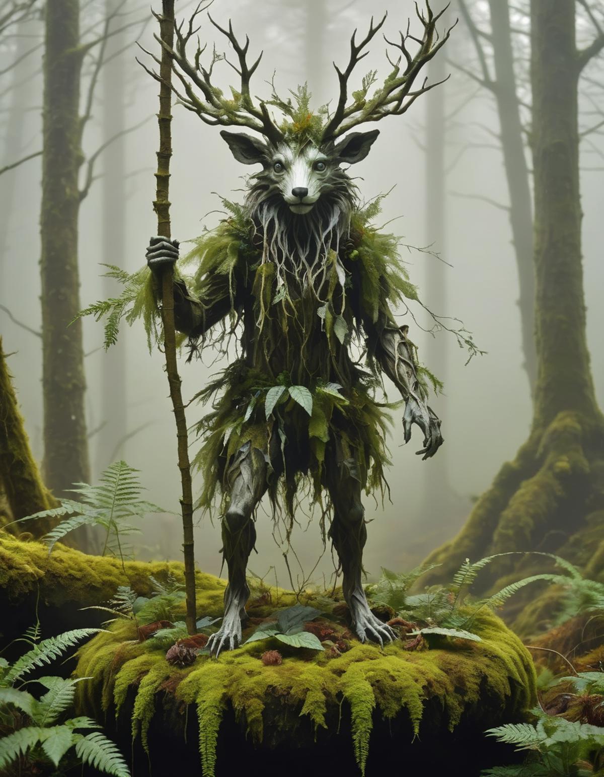 A forest scene with a creature holding a staff and surrounded by greenery.