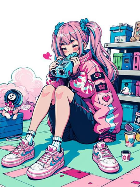 hezi, trend illustration, bright colors, 1girl, camera, solo, long hair, shoes, pink hair, socks, closed eyes, bangs, jacket, sitting, holding, scrunchie, long sleeves, holding camera, blunt bangs, hair ornament, short eyebrows, very long hair, hair scrunchie, white socks, sneakers, sleeves past wrists, handheld game console, blush, full body, thick eyebrows, knees up, pink jacket, blue scrunchie, pink footwear, heart, closed mouth, one side up, multicolored jacket, photo \(object\), shelf, blue footwear, can, sleeping, shorts, sidelocks, letterman jacket, poster \(object\), polka dot, print jacket, multicolored clothes<lora:æ½®æµæç»:0.55>