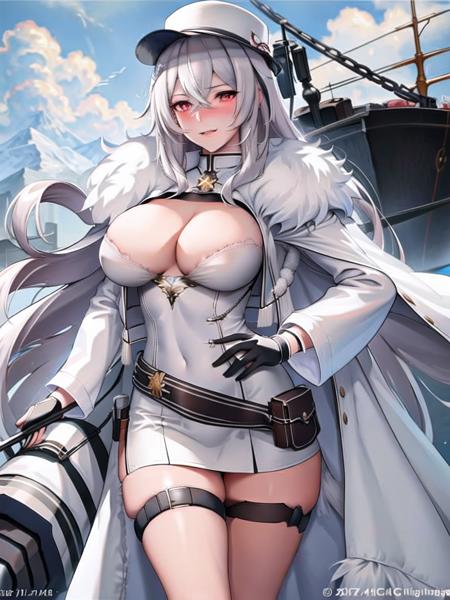 charming expression,  highly detailed, realistic,1girl, mature,Gangut,  a woman wearing white GNGhat and white GN_uniform, red eyes, white hair, black gloves, cleavage, white coat, black stocking, black boots, carrying rigging_machine on her back, turrets_equipped on the rigging_machine, snowy background, drunk face, blushing, (masterpiece:1.4),(best quality:1.4),(shiny skin),realistic, detailed eyes, dynamic pose,  body focus, detailed face, cowboy shot, (((masterpiece))), (((best quality))), illustration, artstation,   
 <lora:GangutV1-000019:0.8>