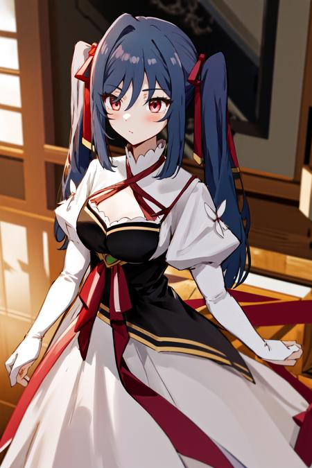 masterpiece, best quality, highres,  1girl zenovia marden twintails hair ribbon, white dress clothing cutout white sleeves red ribbon black vest <lora:zenovia_marden:1>