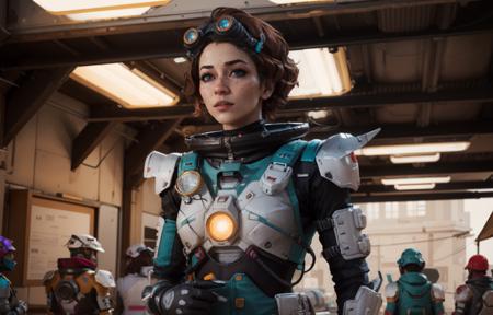 masterpiece,  best quality, 
(solo), 1girl, look sideways, dim light, 
Horizon_\(apex legends\), goggles, blue eyes, brown hair, gauntlets, shoulder armor,  headwear, (freckles:0.5), 
(science_fiction), outdoors, street, neon lights, cyberpunk,