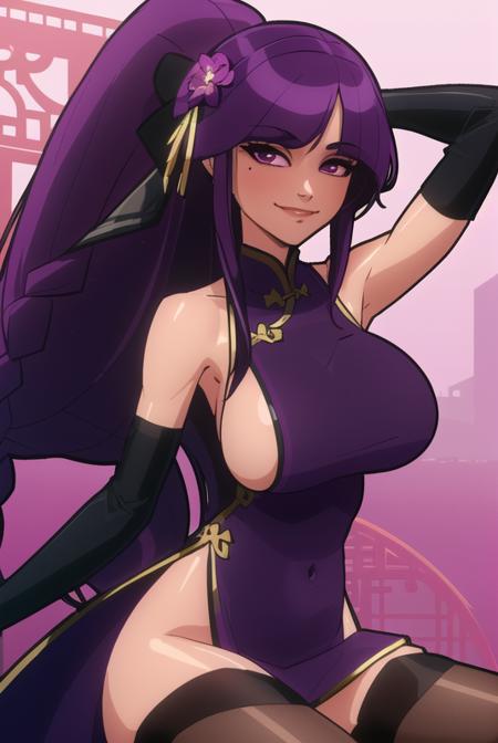 <lora:balsamique:0.8>, balsamique, masterpiece, best quality, 1girl, breasts, chinese clothes, solo, thighhighs, china dress, purple eyes, dress, purple hair, mole under eye, long hair, mole, sideboob, gloves, braid, covered navel, elbow gloves, looking at viewer, hair ornament, pelvic curtain, flower, bare shoulders, blush, smile, black thighhighs, purple dress, purple flower, very long hair, bangs, hair flower, large breasts, braided ponytail, thighs, medium breasts, brown thighhighs, closed mouth