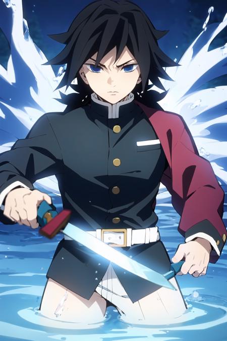 tomioka giyuu, demon slayer, 1boy, solo, upper body, (water, blue aura, flowing water), katana, sword, holding katana, fighting stance, looking at viewer, long hair, blue eyes, black hair, standing, jacket, male focus, japanese clothes, black jacket, demon slayer uniform, <lora:Giyu_Tomioka:0.8>