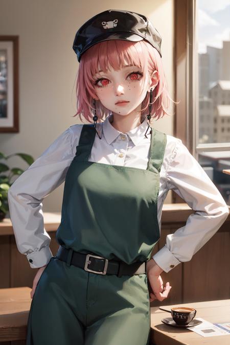 (masterpiece, best quality:1.2), <lora:csm_fami-10:0.8>, upper body, solo, 1girl, fami \(chainsaw man\), expressionless, closed mouth, looking at viewer, hand on hip, pink hair, black hat, red eyes, brown shirt, green apron, jewelry, earrings, coffee shop, counter, cashier