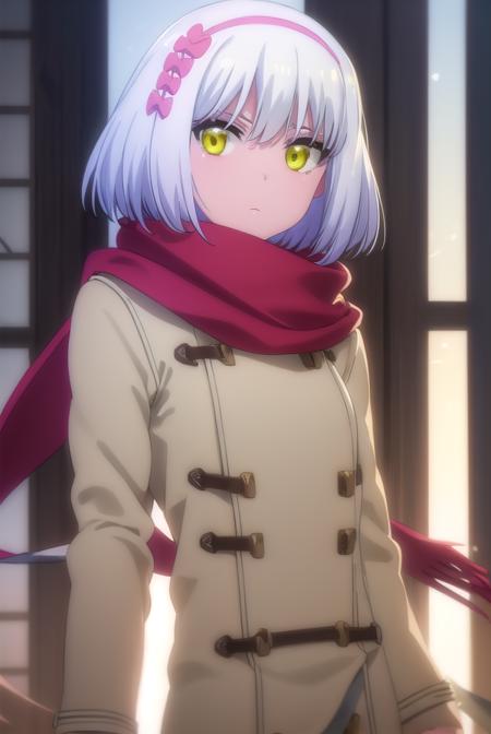 paulamccoy, <lora:paula mccoy s2-lora-nochekaiser:1>,
paula mccoy, short hair, bow, (yellow eyes:1.3), white hair, hair bow, hairband,
BREAK scarf, red scarf, coat, long sleeves, wide sleeves, white coat,
BREAK indoors, classroom,
BREAK looking at viewer, (cowboy shot:1.5),
BREAK <lyco:GoodHands-beta2:1>, (masterpiece:1.2), best quality, high resolution, unity 8k wallpaper, (illustration:0.8), (beautiful detailed eyes:1.6), extremely detailed face, perfect lighting, extremely detailed CG, (perfect hands, perfect anatomy),