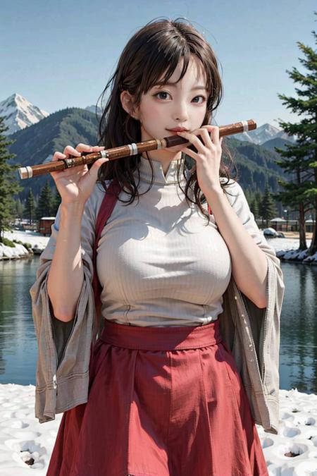 1girl, playing flute, flute, (snow),  <lora:flute_v1-000015:0.72>,  masterpiece, best quality, 8k, big breasts,