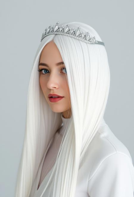 Beautiful women's futuristic white hairstyle. This hairstyle is extremely long and flowing with a specific futuristic flair. The hair is pure white, with silver futuristic sleek tiara. The hair is high class and fancy, but tasteful, and is from the far future.