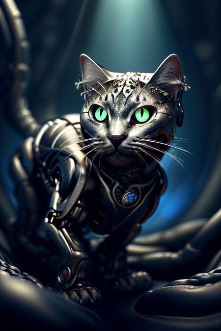 cinematic film still silverpulse, cyborg cat, simple background, high quality, artistic, vibrant colors, detailed textures. futuristic sleek/glossy silver and blue glow, vibrant colors, detailed textures., Concept art, cyborg, background, vintage, modern, SilverPulse, <lora:SilverPulseMorphXL:0.8>, excellent composition, artistic, highly detail, holy, sunny, dynamic dramatic beautiful full taking . shallow depth of field, vignette, highly detailed, high budget, bokeh, cinemascope, moody, epic, gorgeous, film grain,