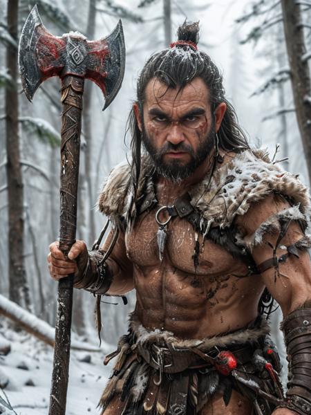 Ultrarealistic, Cinematic, An ancient Cro-Magnon warrior dressed in animal skins with a large stone axe in a snowy coniferous forest, masterpiece, best quality, photorealistic, full body shot, smooth detailed skin, highly detailed, RAW photo, ultra detailed photography, sharp focus, high resolution, 8k UHD, DSLR, high quality, film grain, Fujifilm XT3, dramatic lighting, high contrast, skin pores, pores, skin blemishes, rough skin, raytracing, subsurface scattering, <lora:add-detail-xl:1.2> <lora:xl_more_art-full_v1:0.6> <lora:!action-sdxl-V0.5:0.8> <lora:Dystopia:0.8>