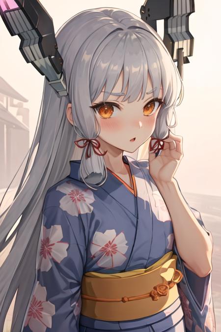 best quality, masterpiece, highres, solo, {yukata:1.40}, {kimono:1.20}, {murakumo_kantaicollection:1.15}, long_hair, hair_ribbon, ribbon, headgear, bangs, grey_hair, sidelocks, blunt_bangs, tress_ribbon, orange_eyes, necktie, blush