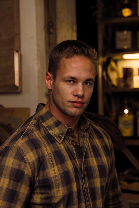 RAW Photo, photo of man matthew_rush at night wearing plaid shirt with blond hair, rim lighting <lora:matthew_rush-03:1>, brightly lit, natural lit, detailed