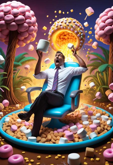 "A highly detailed, cinematic-style digital illustration of a bored office worker mid-daydream, dramatically sliding down a giant, glossy marshmallow slide erupting from a glowing printer tray. The character wears a partially unbuttoned dress shirt and loosened tie, arms raised in exaggerated delight, escaping from a dull gray cubicle world that’s rapidly transforming into a fantastical marshmallow wonderland. The desk melts into hot cocoa, keyboards turn into golden graham crackers, and a cartoonish marshmallow boss with a tiny tie angrily shouts 'TPS Reports!' while sinking into a gooey puddle of melted sugar. Confused co-workers float gently through the air on pastel-colored marshmallow donuts toward a break room jungle gym made of licorice ropes and syrupy monkey bars. In the background, a malfunctioning copier gleefully ejects paper selfies of marshmallow animals. The lighting is warm and surreal, with soft golden glows bouncing off sugary textures and whimsical pastels. Rendered in 3D style, with sharp details, ultra-realistic textures, dynamic composition, vibrant candy-toned color grading, and magical, dreamlike atmosphere.
