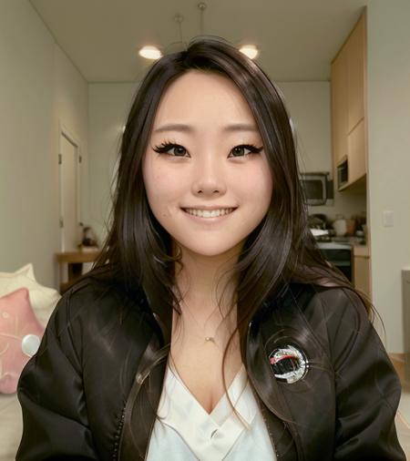 ((close up professionally shot and edited portrait of jeannie lee)), (((smiling))), ((perfect teeth)),centered in the middle of the photo looking at the camera, wearing a black jacket with white collared shirt underneath, (chubby cheeks), ((round face)) ,parted hair across forehead, wearing a jacket,  highly detailed 8k resolution, masterpiece, cinematic, blurry background, <lora:JeannieLeeV2:0.8>