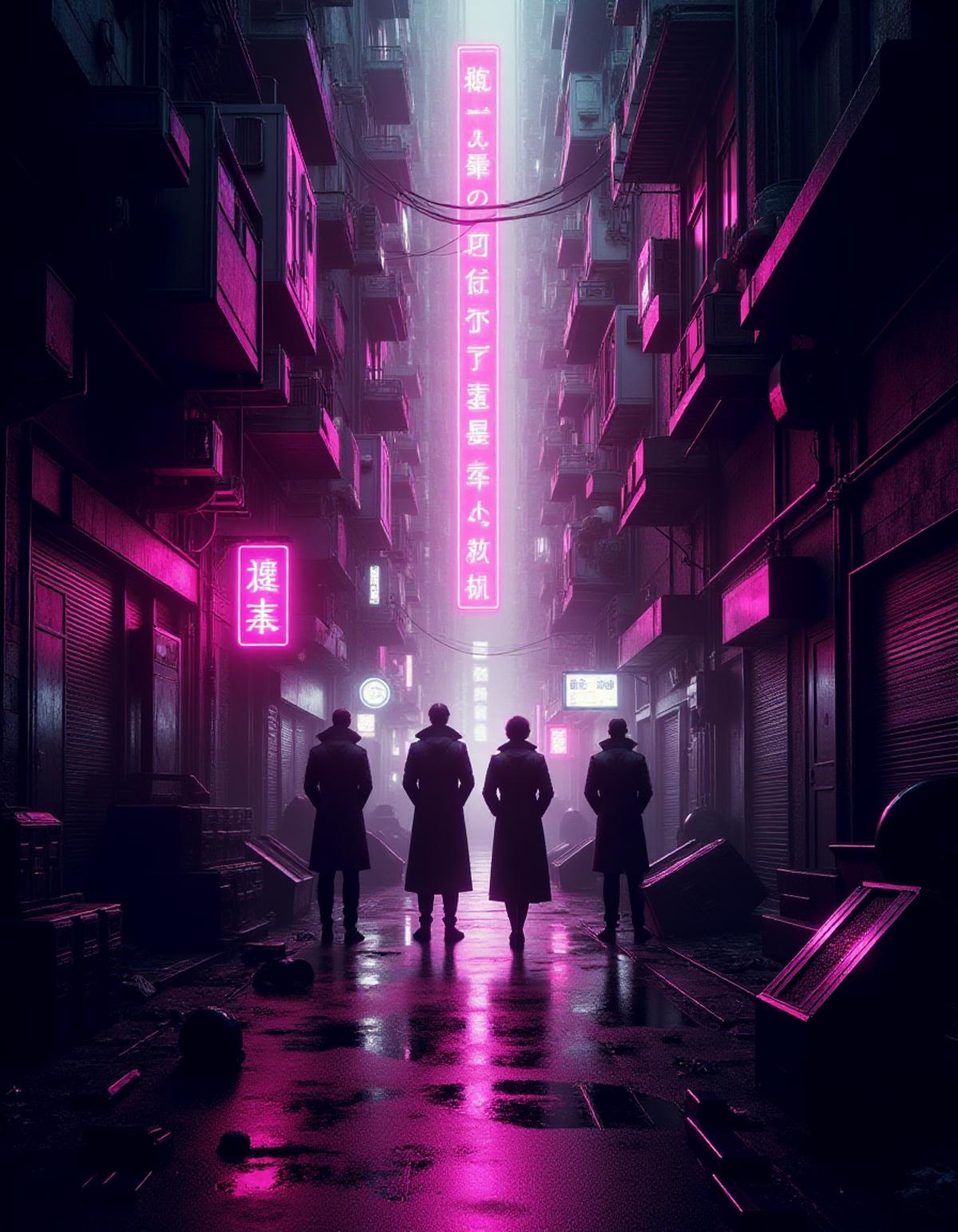 cyberpunk style, dark alley, debris, cool neon light from above, several figures in trench coats, atmospheric perspective,sci-fi, highly detailed,  <lora:Neon_Noir_FLUX:0.75> mad-neon-noir