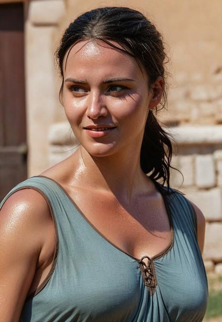 safe_pos, pphotorealistic picture (close up) of one sweaty, attractive and busty poor woman 32 y.o. in ancient rome, 1st century b.c., with dark hair barefoot, smiling, wearing a simple tunic walking through a village in the countryside on a hot summer day in the roman empire, hyperrealistic, perfect hands, perfect feet, hyperrealistic, intricate details, perfecteyes