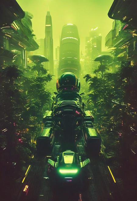 ()Hyoer Realistic:2.0)Polaroid picture 
an image of San Francisco transformed into a Cyberpunk tropical paradise. The cityscape is a vibrant, neon-lit utopia, with towering skyscrapers and lush, green vegetation. (Above the city, an air racetrack stretches across the sky, with sleek, high-tech cars zooming by, inspired by F-Zero vehicles.:1.66)
The atmosphere is warm and humid, with a hint of tropical flowers and the distant hum of futuristic technology. The people of this utopian empire live in harmony, their faces radiant with joy and contentment.
Capture the surreal, futuristic beauty of this scene, where the boundaries between technology, nature, and society blur, and the possibilities of human achievement are redefined.