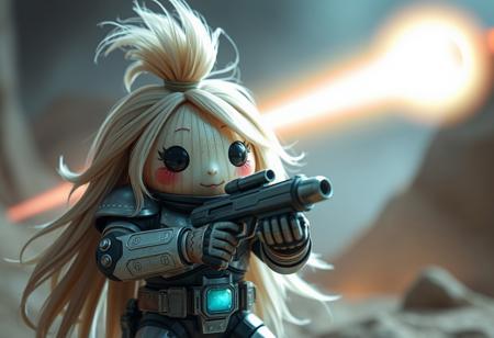 a long haired onion in futuristic armor holding a laser canon, cute, scene from a science fiction movie
