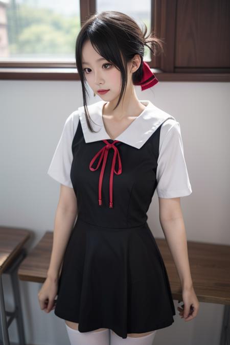 ultra-detailed,highly detailed,best quality,masterpiece,illustration,nsfw,
1girl, kaguya,shinomiya kaguya, cosplay,hair ribbon, folded hair,
shuuchiin academy school uniform,summer uniform,short sleeves, sailor collar,pinafore dress,
<lora:kaguya_sum_v1_03:0.6>